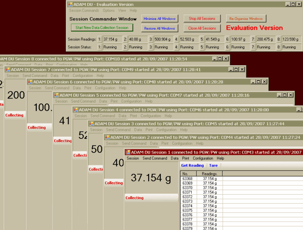 large image showing Adam DU running with 8 simultaneous data capture sessions connected to 8 Adam Balances